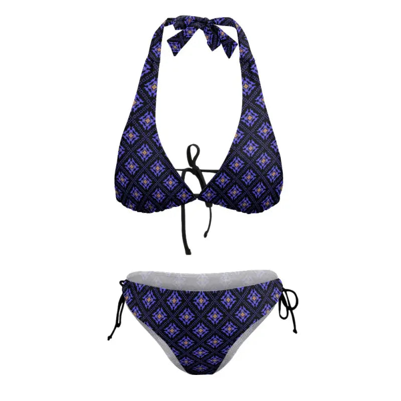 Two-piece halter bikini in purple and blue geometric pattern for boho beach vibes