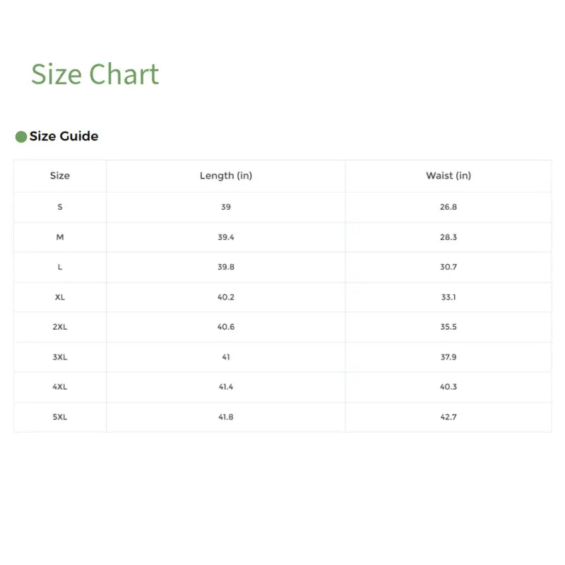 Size chart for floral maxi skirt showing lengths and waists from S to 5XL