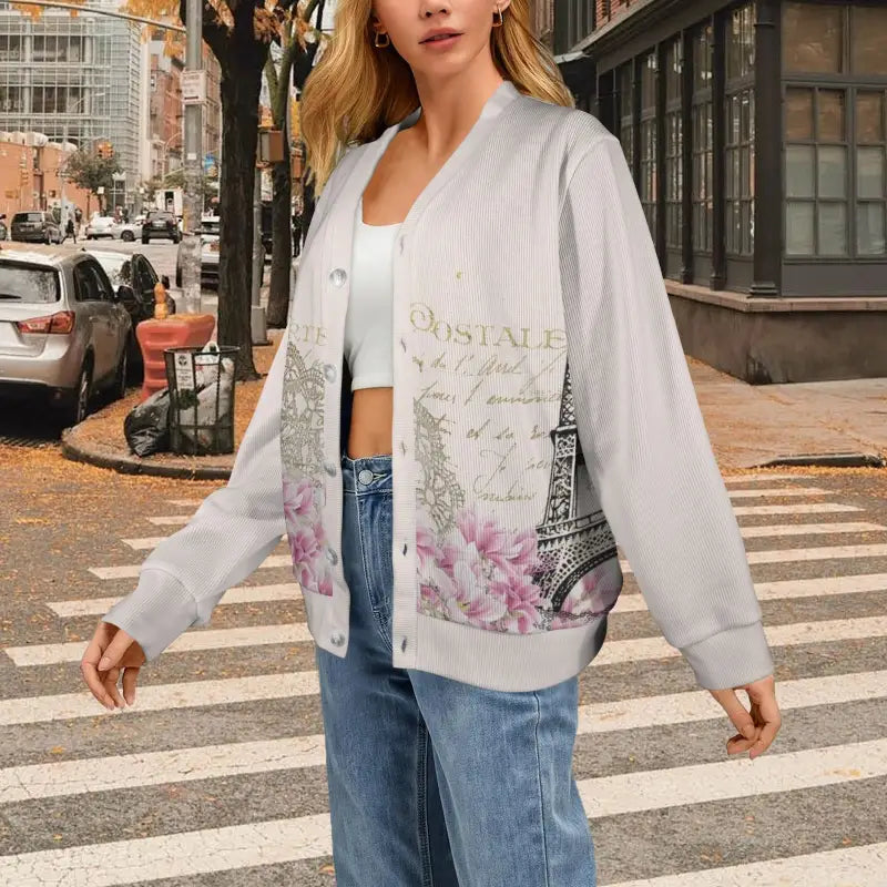 Light gray boho floral cardigan with Eiffel Tower print for dresses