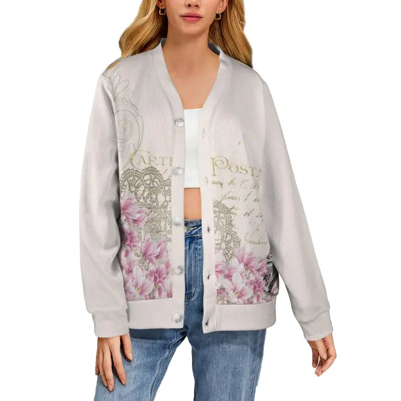 Boho floral light gray corduroy cardigan with pink blossoms for dresses