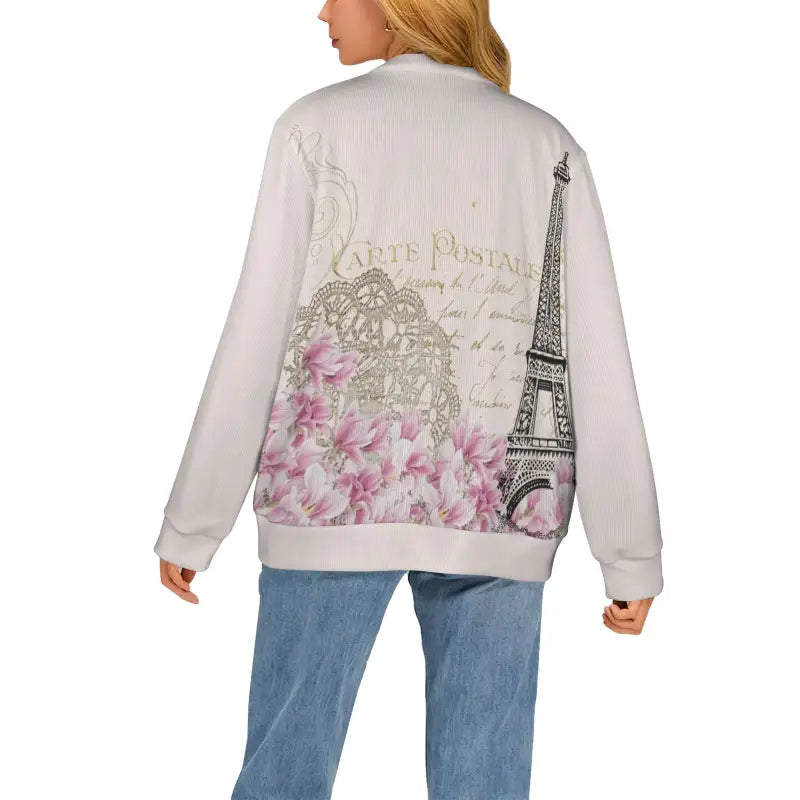 Boho floral off-white bomber jacket with Parisian Eiffel Tower embroidery
