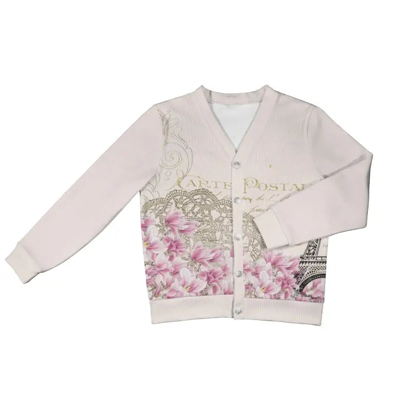 Boho floral pink cardigan with Parisian Eiffel Tower design for dresses
