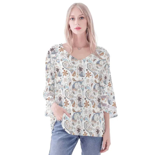 Flowy white Boho Paisley Puff Blouse with colorful paisley print and chic sleeves