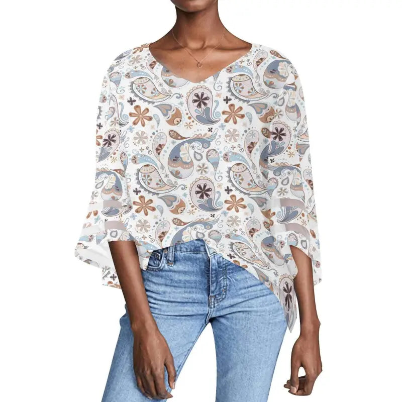 Flowy white Boho Paisley Puff Blouse with bell sleeves and paisley print for a breezy vibe