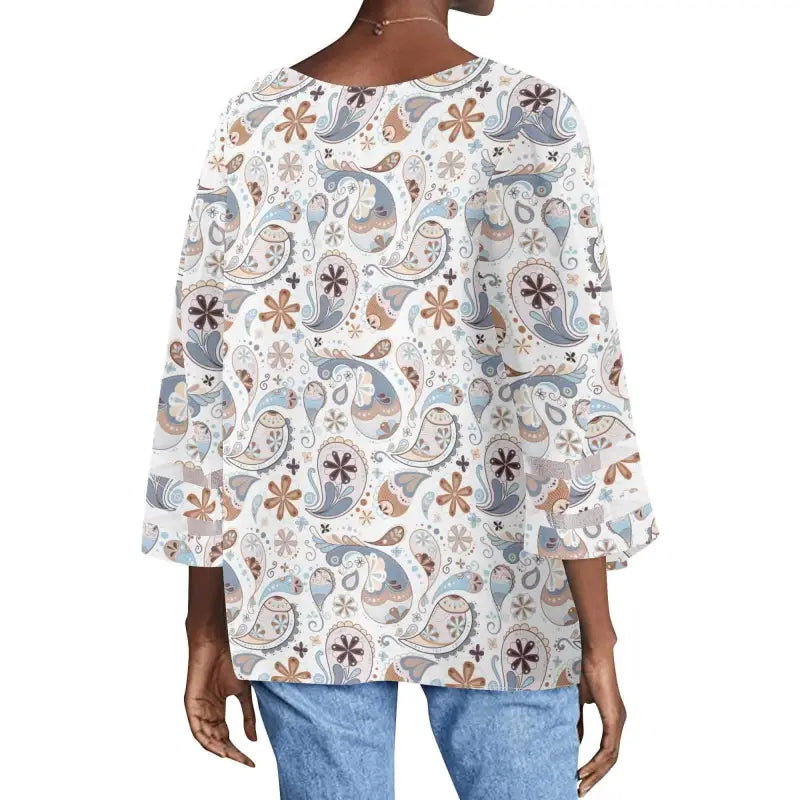 Womens Boho Paisley Puff Blouse with floral print and three-quarter sleeves for a breezy look