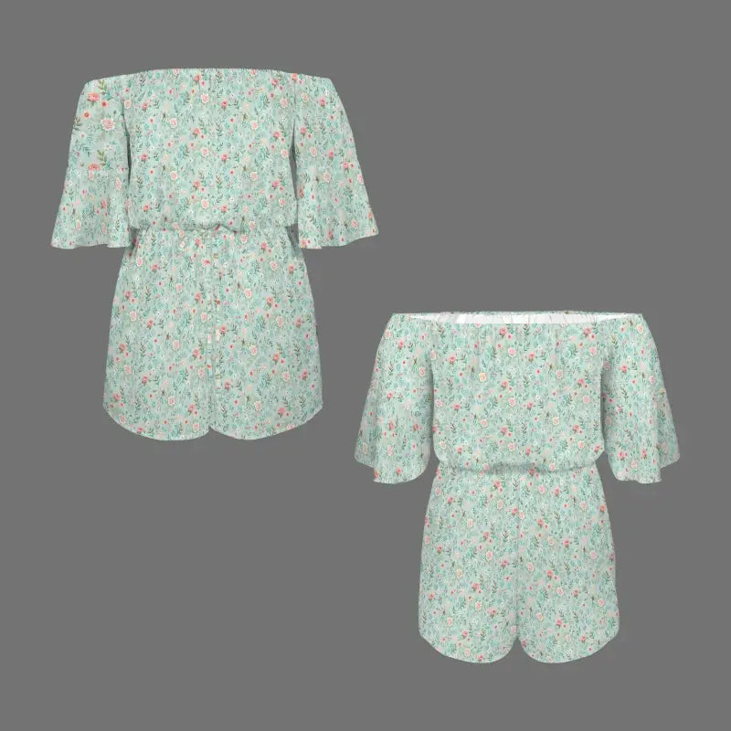 Mint green floral off-shoulder romper with ruffled sleeves and shoulder tie for boho vibes