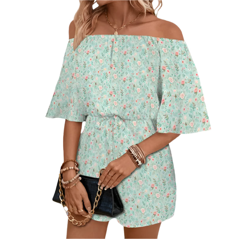 Mint green floral off-shoulder romper with flutter sleeves and shoulder tie for boho vibes