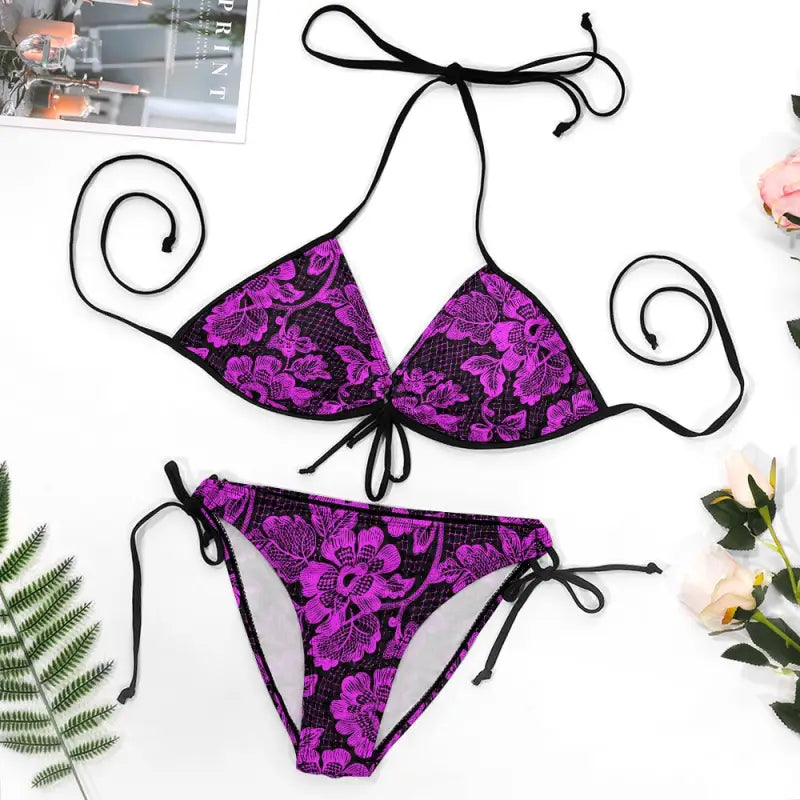 Purple and black lace bikini swimsuit with string ties for boho vibes and after-sales processing