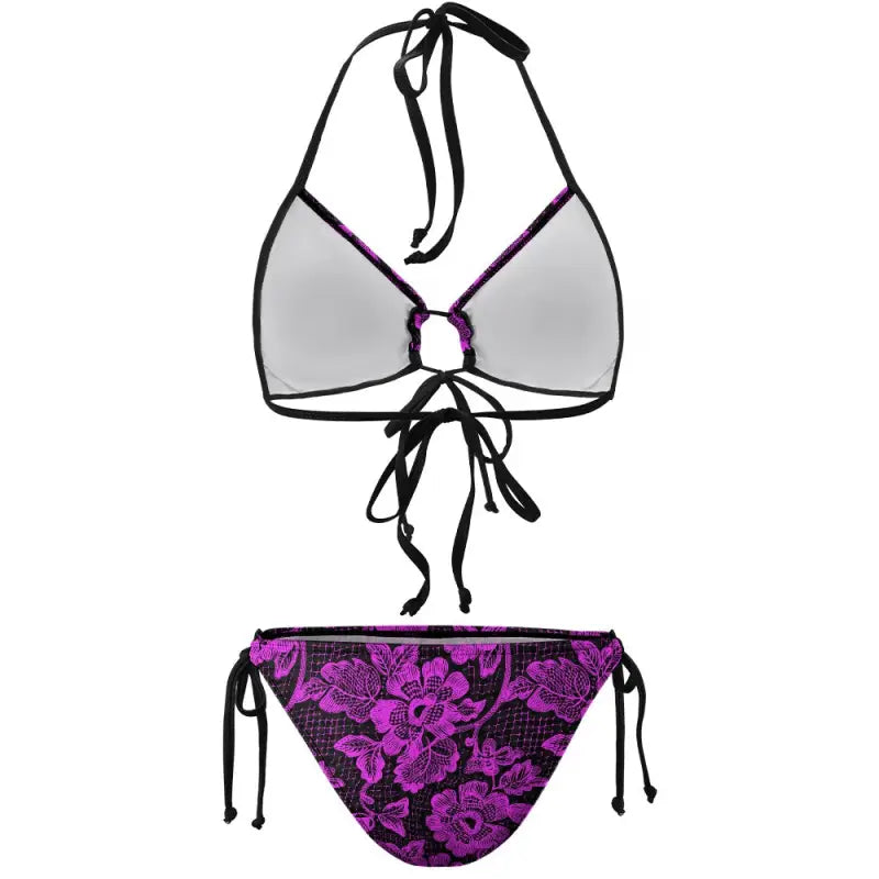 Boho two-piece bikini with white halter top and floral purple bottom, perfect for summer fun