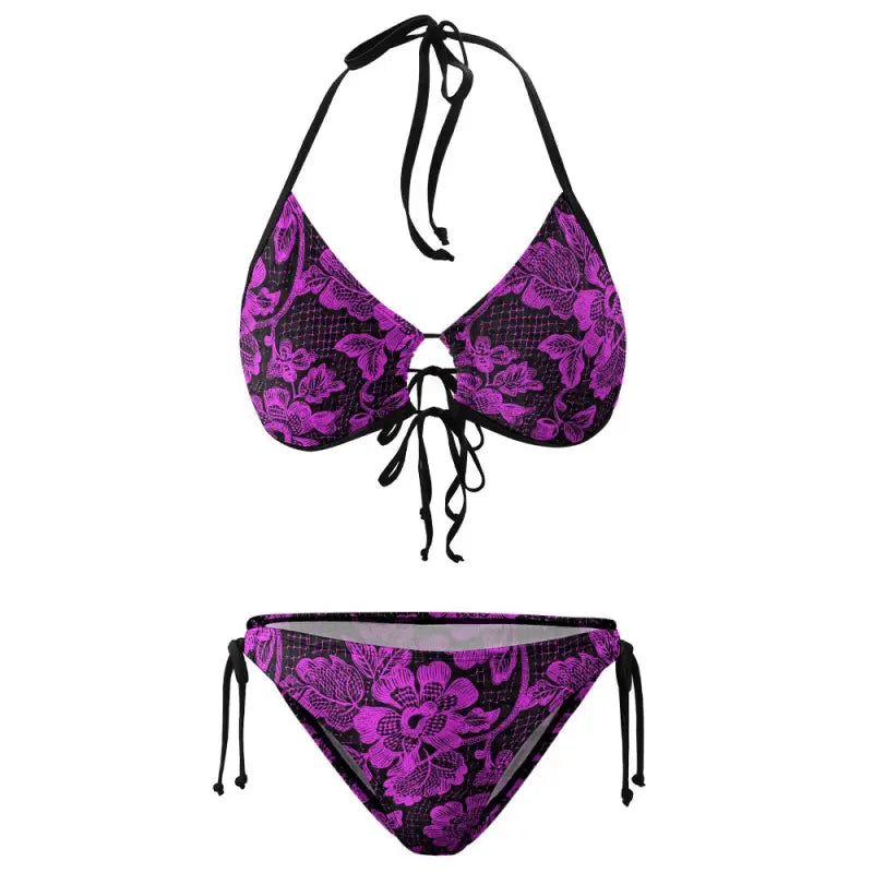 Purple and black boho floral bikini swimsuit with tie closures, perfect for summer fun!