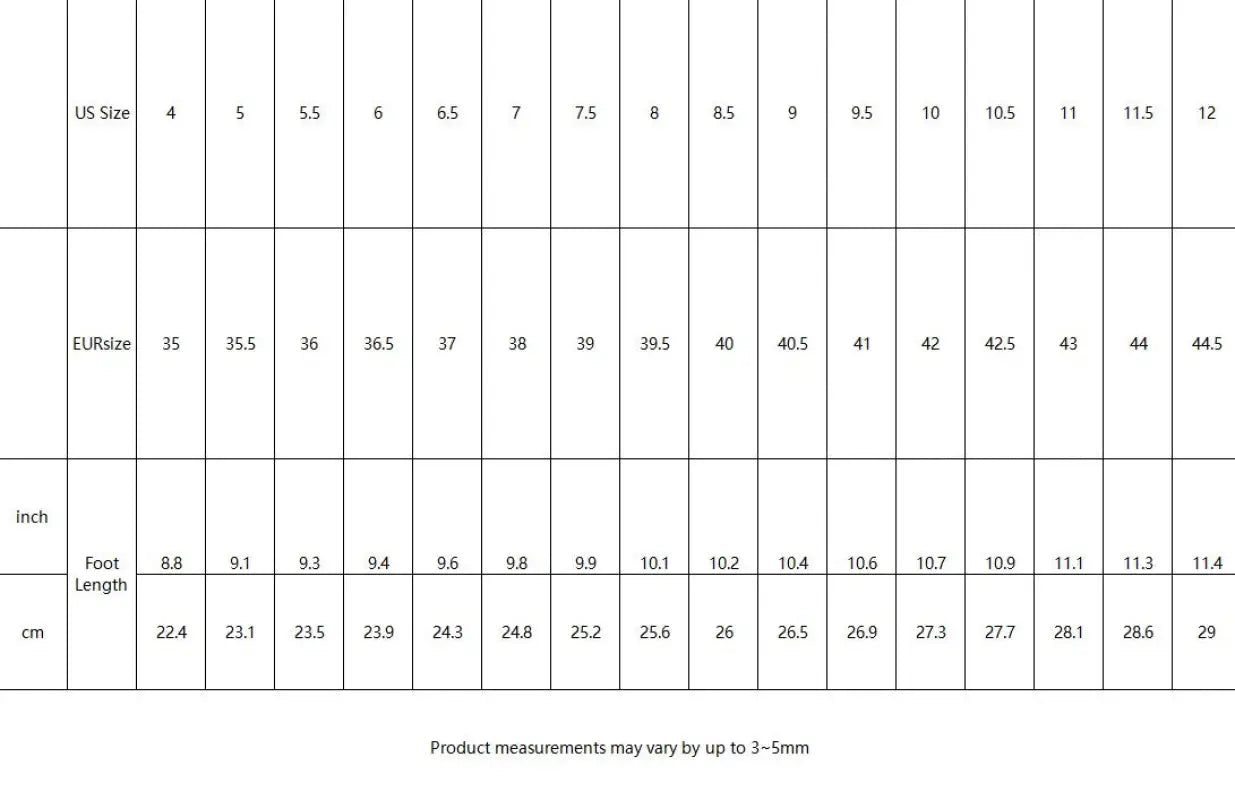 Boho insole shoes size chart with insole length in US, EUR, inches for dresses