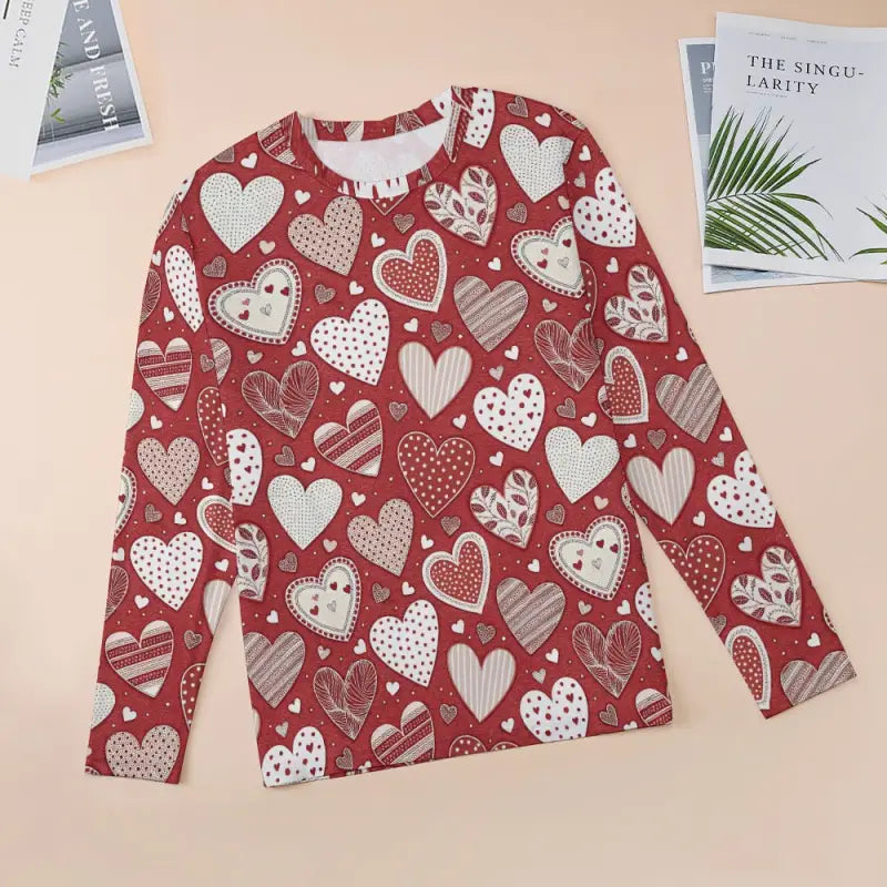 Boho red long-sleeve tee with heart patterns, perfect for gym shorts