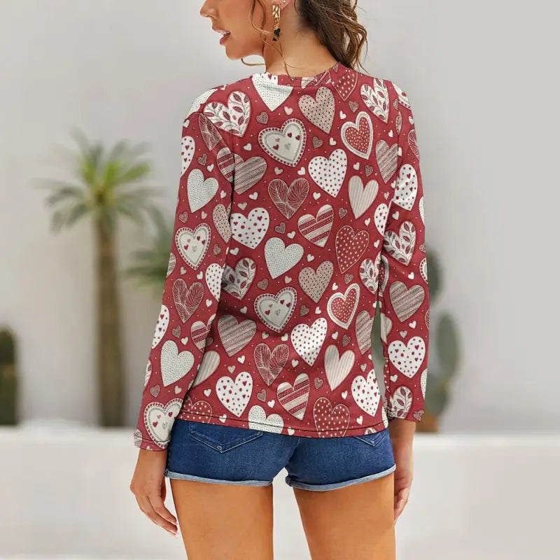 Boho vibes long sleeve tee in red with heart patterns, pairs with gym shorts