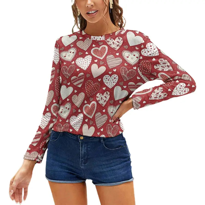 Boho vibes long sleeve tee in red hearts, pairs with gym shorts