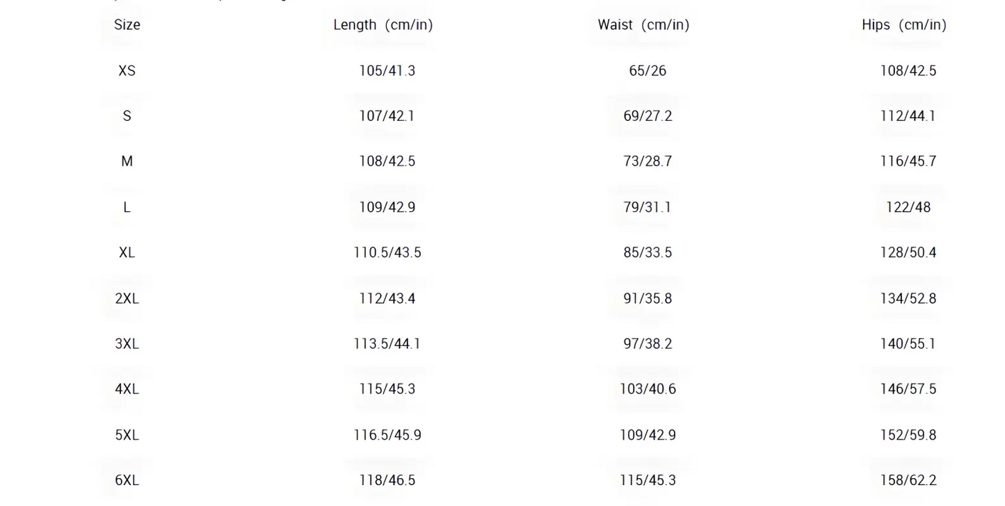 Simple data table of measurements for Boho Wide Leg Pants, perfect for dancing