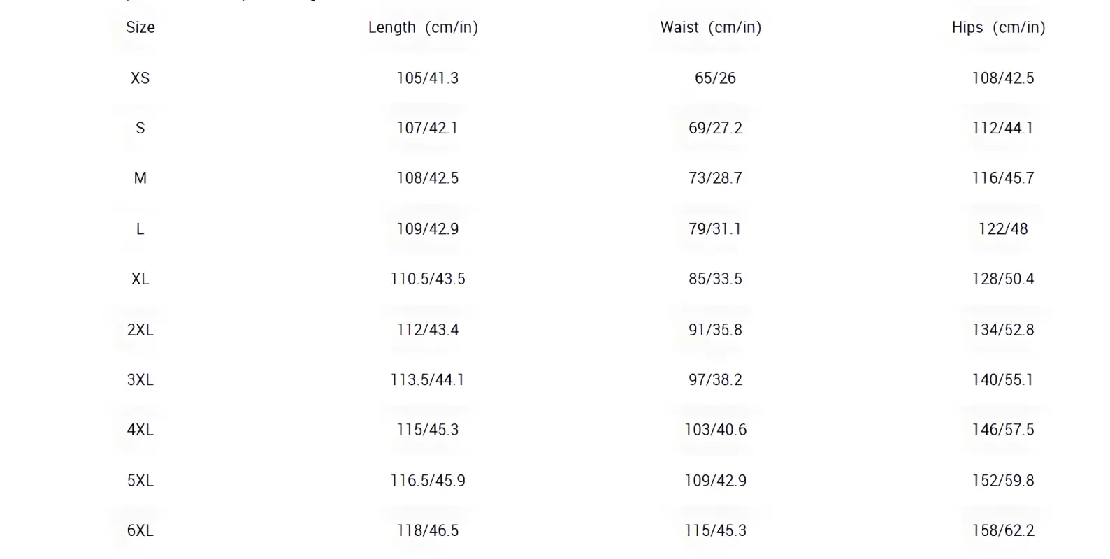 Simple data table of measurements for Boho Wide Leg Pants, perfect for dancing