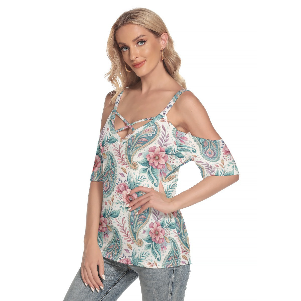 boho floral paisley cold shoulder top women's fashion