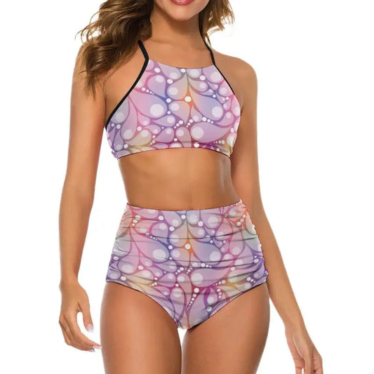 Colorful Bubble Trouble paisley two piece bikini with pink, purple, and white droplet pattern