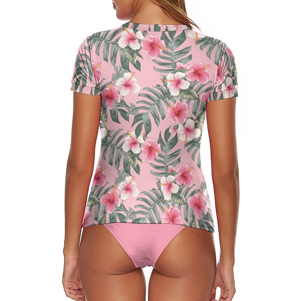 Tropical Floral Rash Guard Tankini Set – Short Sleeve Modest Swimwear