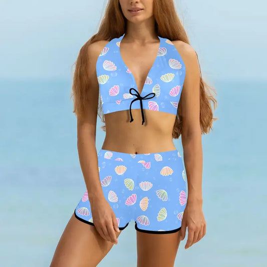 Light blue seashell bikini with high waisted shorts for ultimate summer vibes