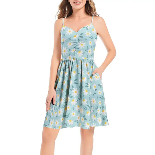 Floral spaghetti strap sundress in light blue tones perfect for summer vibes