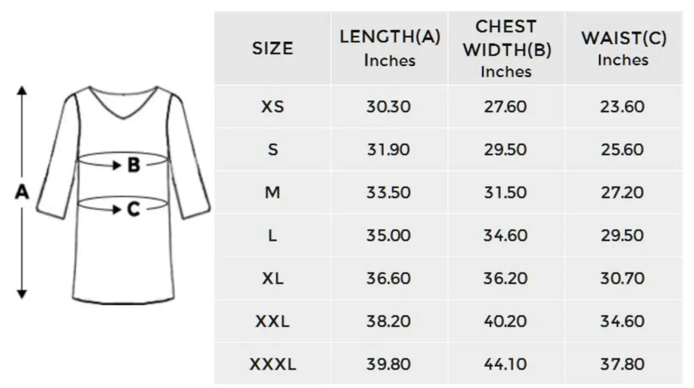 Size chart for Channel Your Inner Goddess boho floral half-sleeve dress