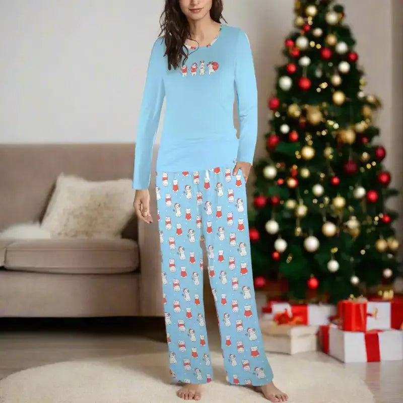 Light blue Christmas cat long pajamas with Santa Claus print for cozy holiday vibes