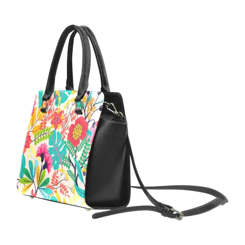 Colorful floral rivet shoulder handbag with black leather trim and handles