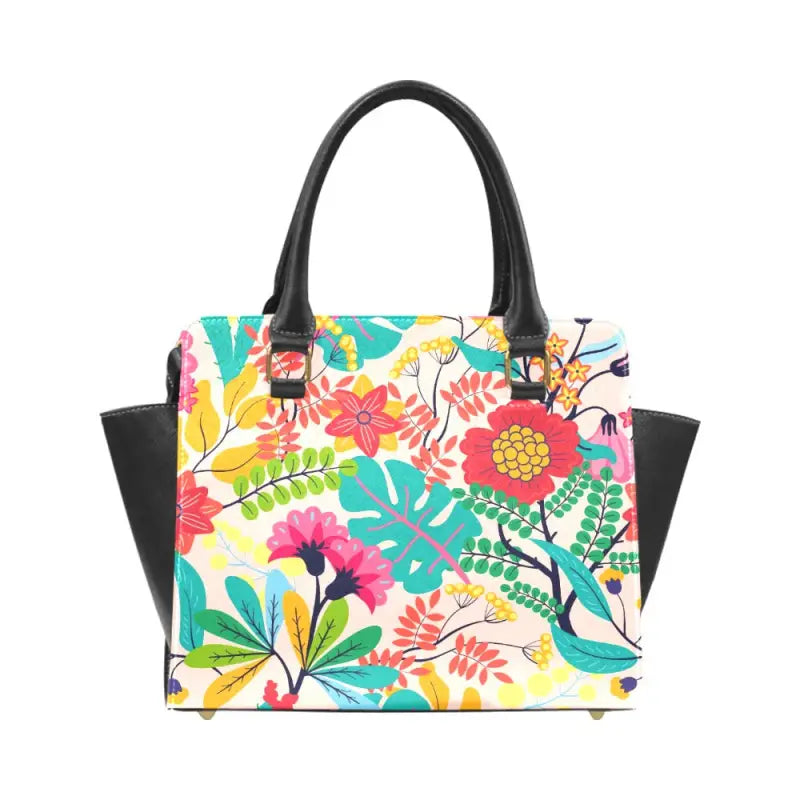 Colorful floral rivet shoulder handbag with black leather handles and side panels