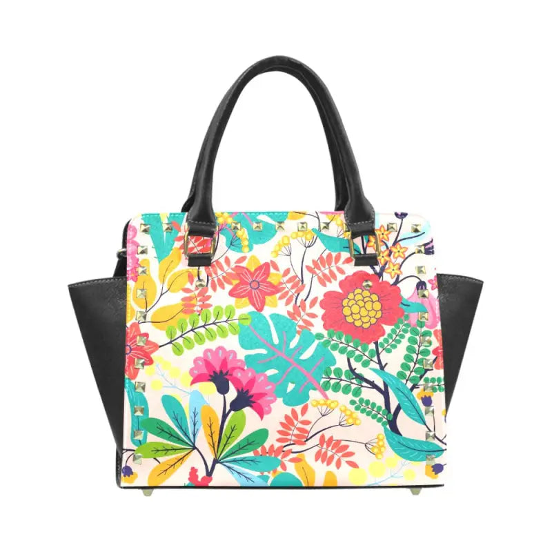 Colorful floral rivet shoulder handbag with chic black handles perfect for everyday style
