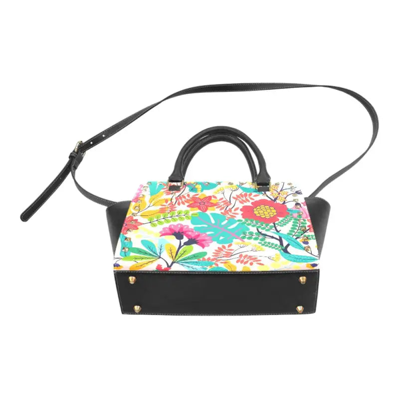 Colorful Floral Rivet Shoulder Handbag with black trim and strap for stylish practicality
