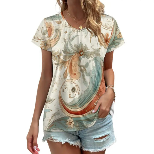 Boho V-Neck short sleeve t-shirt in peach and turquoise with swirling floral patterns