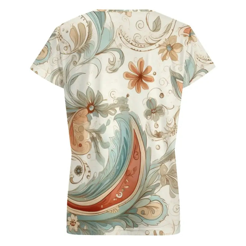 Boho V-Neck Short Sleeve T-Shirt in teal, coral, and beige with swirling floral pattern