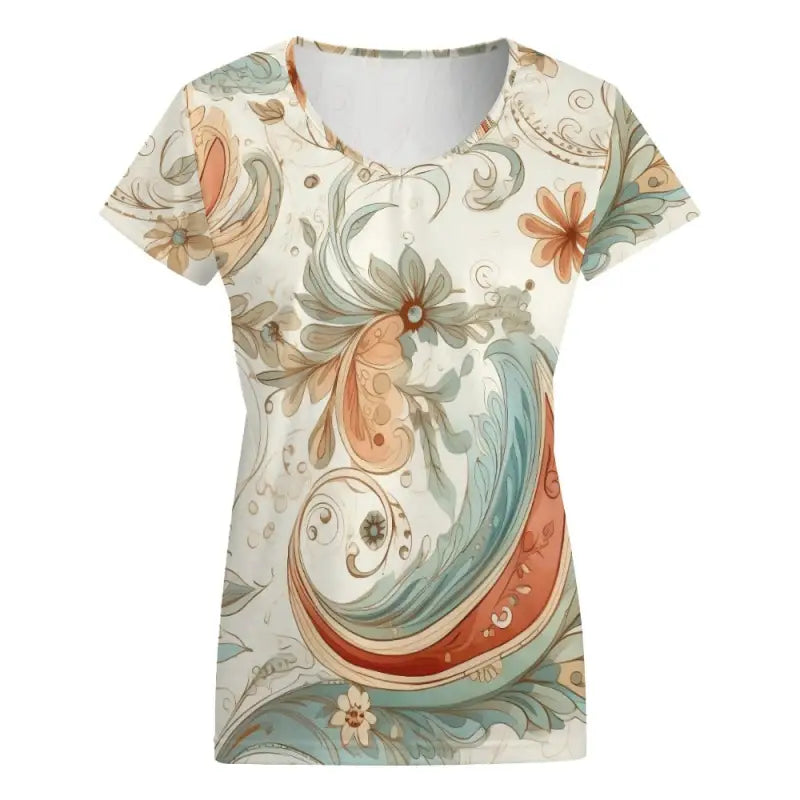 Boho V-Neck Short Sleeve T-Shirt in coral, teal, and beige floral paisley print