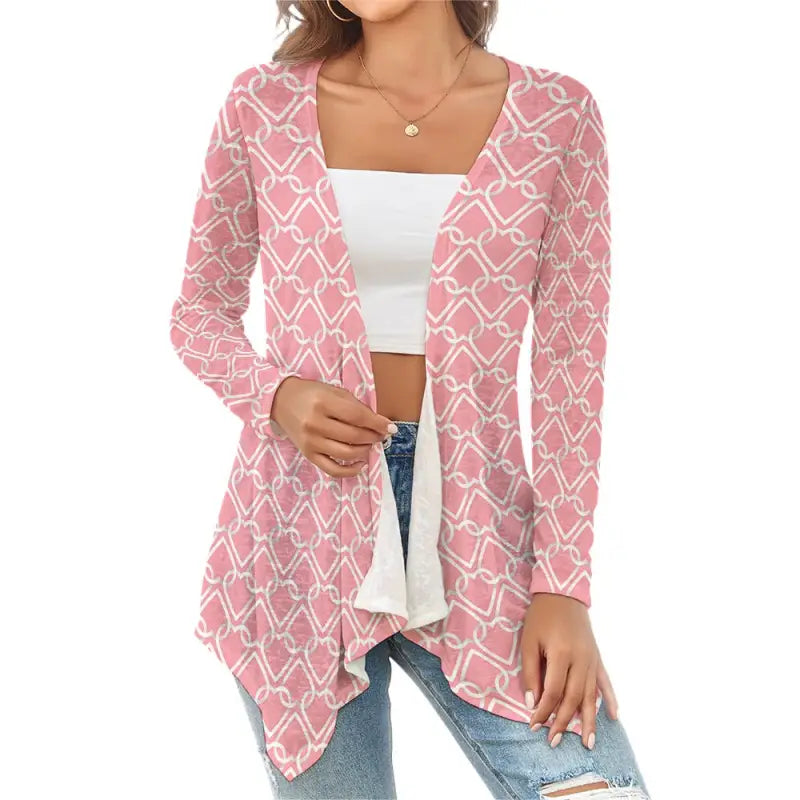 Pink and white geometric open-front cardigan perfect for Women’s Valentine’s Day style