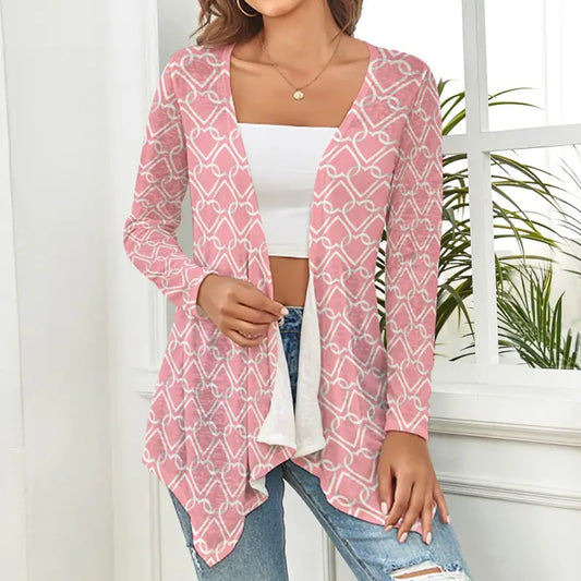 Pink and white geometric-patterned open-front cardigan for a cozy Valentine’s Day look