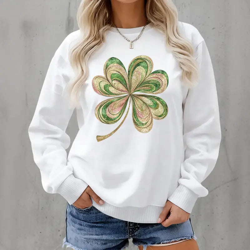 White long-sleeved shamrock sweatshirt in 3XL 4XL lengths