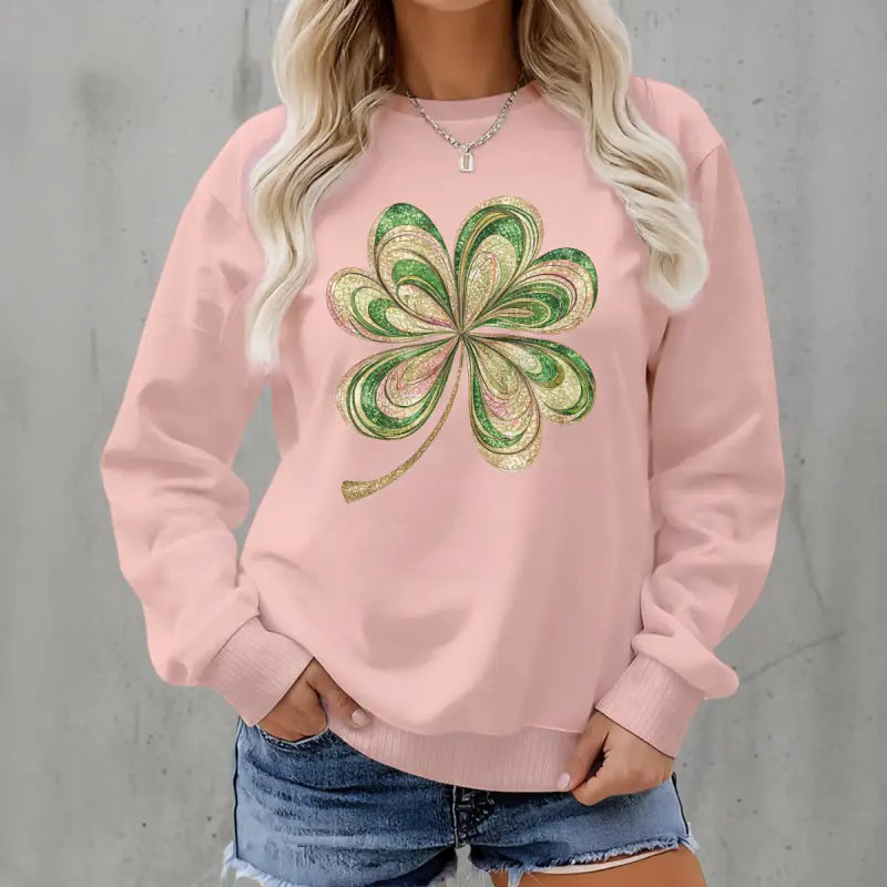 Pink long-sleeved sweatshirt with glittery green gold four-leaf clover, 3XL 4XL 5XL lengths