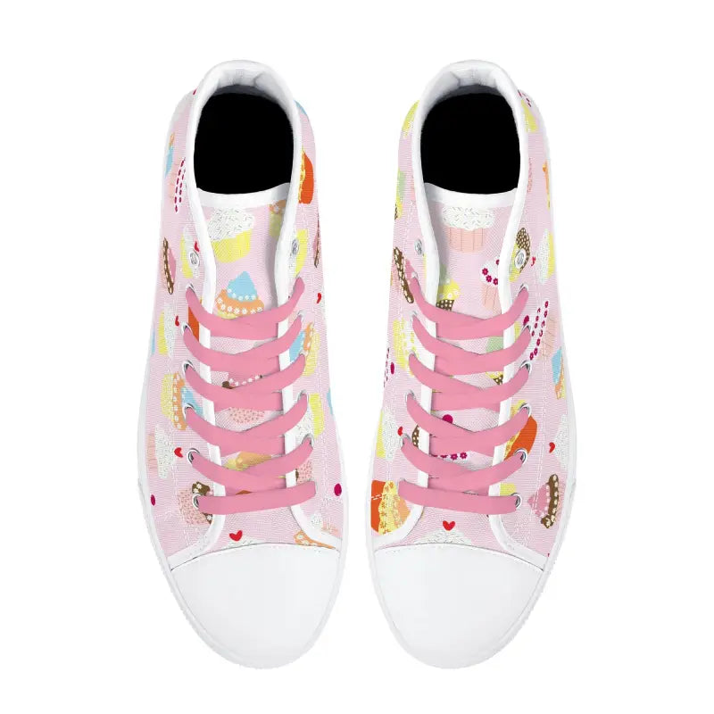 Pink high top sneakers with unicorn and rainbow patterns perfect for cute canvas shoes