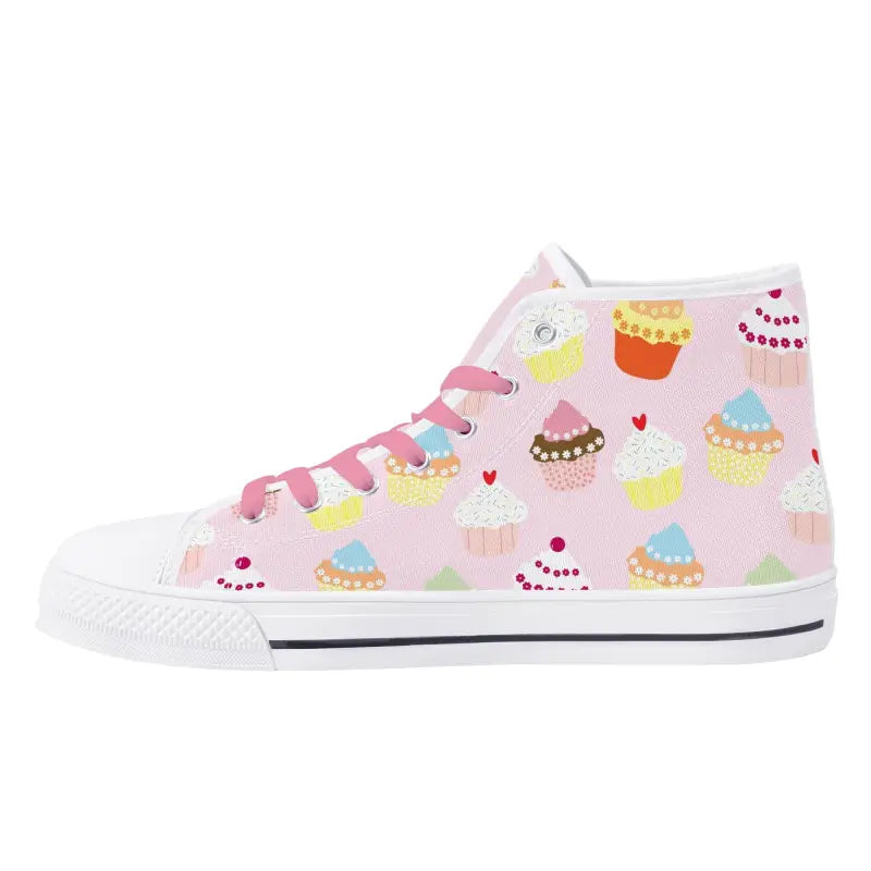 Pink high top sneakers with colorful cupcake patterns for cute canvas shoes lovers