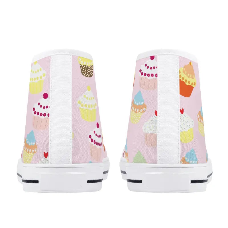 Pink high top sneakers with a cute cupcake pattern in stylish canvas shoes