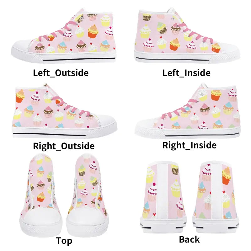 High-top sneakers with cupcake and french fry patterns on pink background for cute canvas shoes