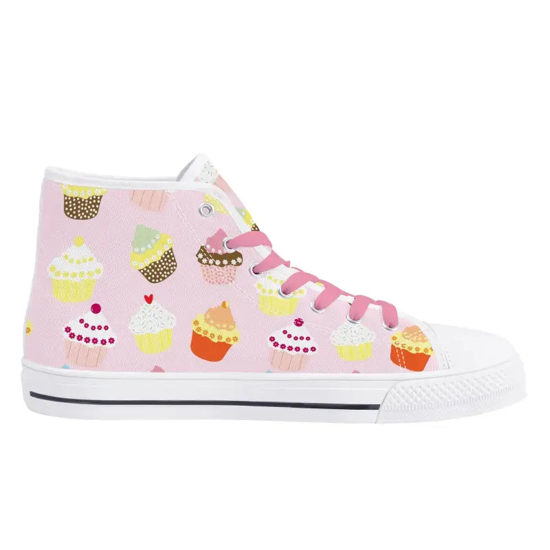 Pink high top sneakers with colorful cupcake patterns in cute canvas shoes for women