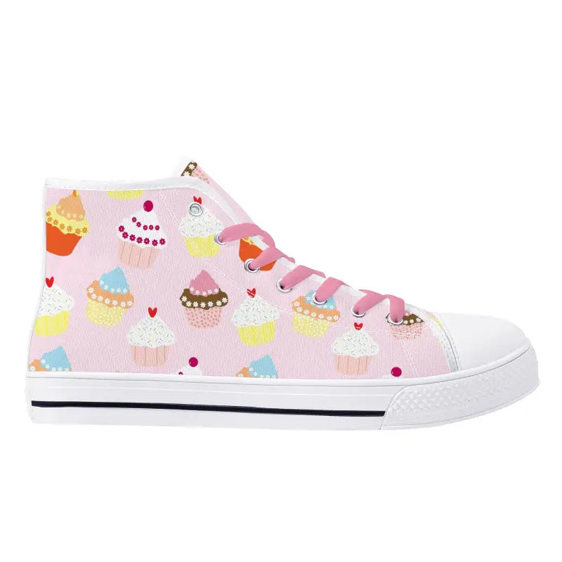 Pink high top sneakers with a cupcake pattern, perfect womens cupcake high canvas shoes