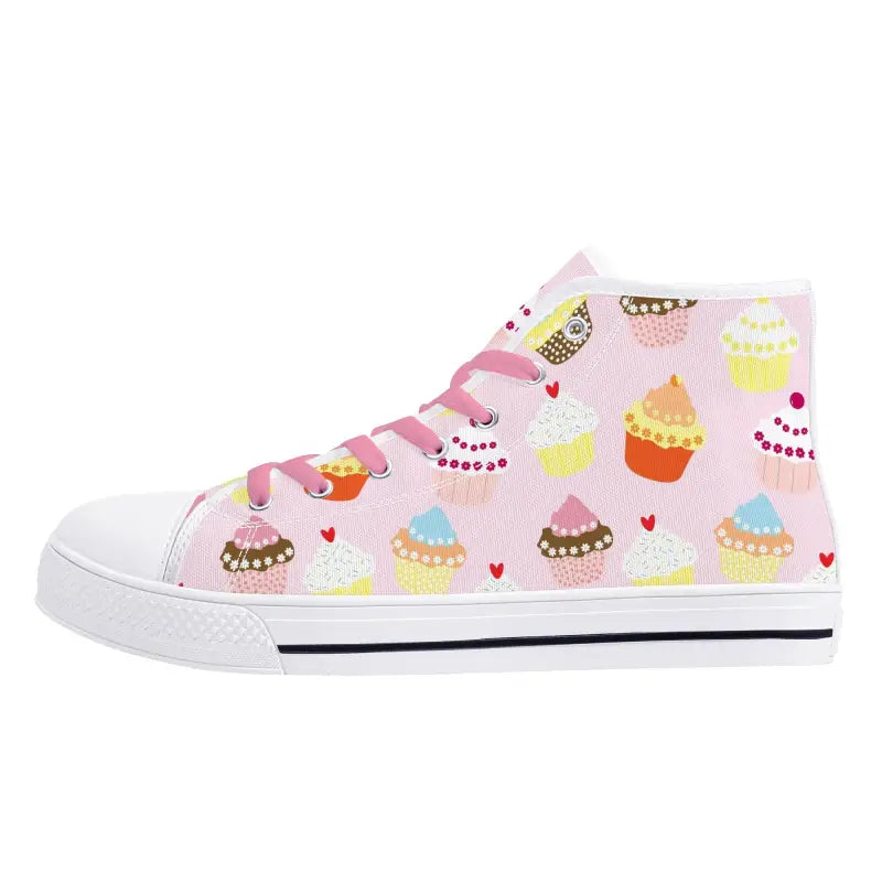 Stylish pink high top sneakers with a fun cupcake pattern for cute canvas shoes