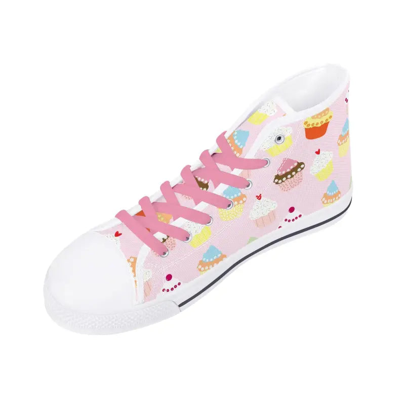 High-top sneaker with pink laces and dessert pattern, perfect womens cupcake high canvas shoes