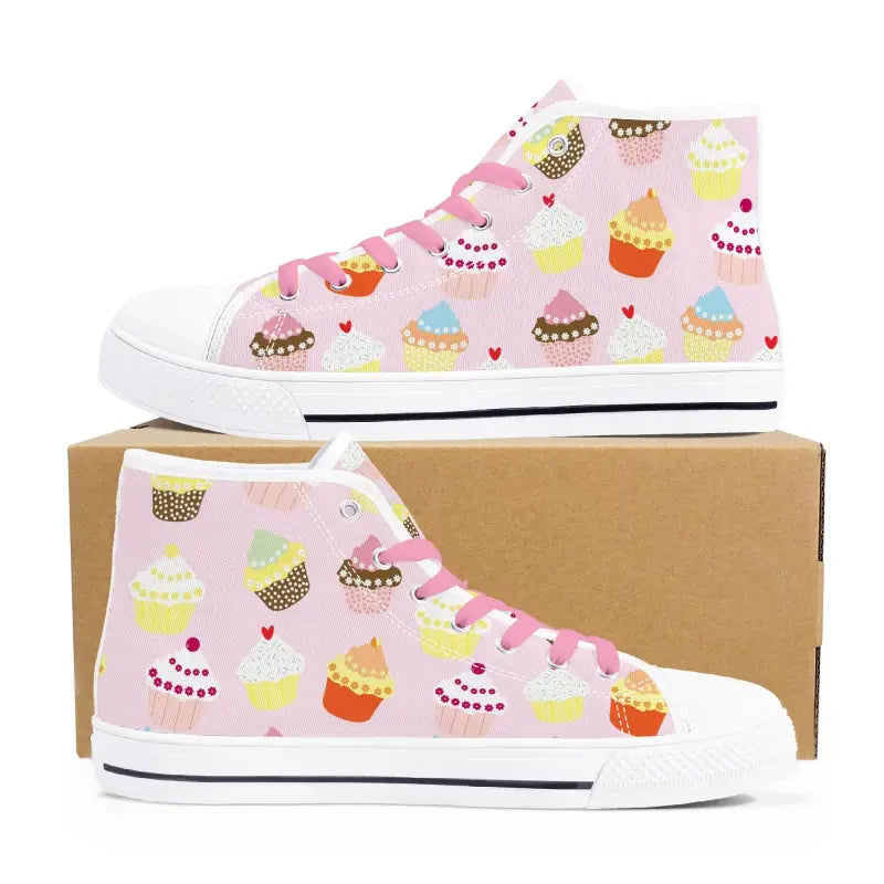 Cute canvas shoes featuring pink high top sneakers with a fun cupcake pattern design