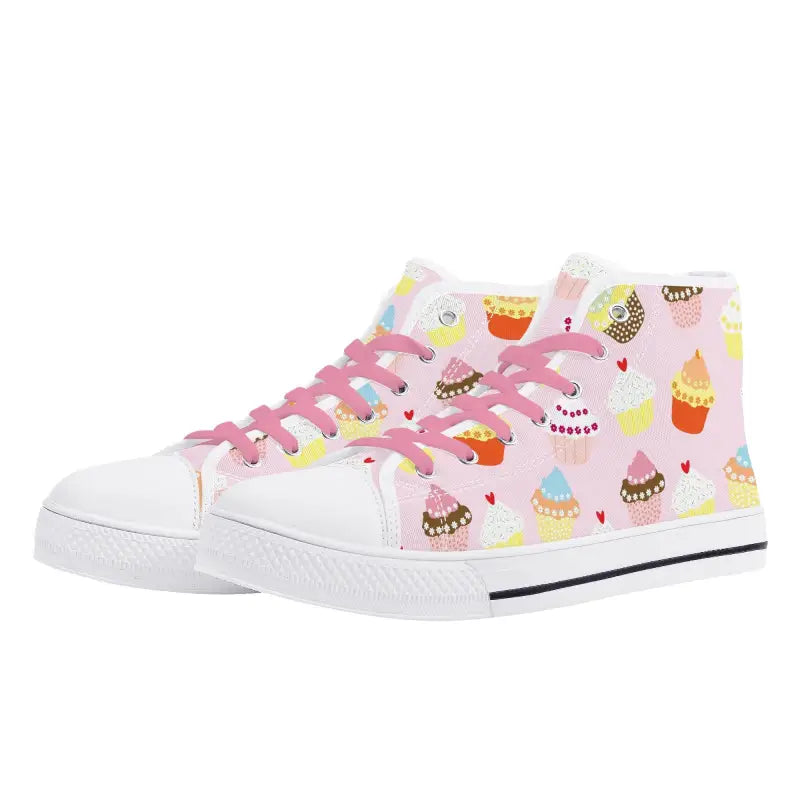 High-top pink sneakers with a cupcake pattern, perfect womens cupcake high canvas shoes