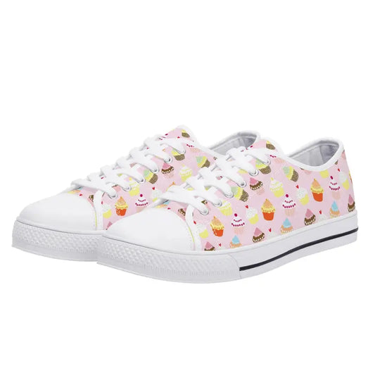 Cute women’s low cupcake sneakers featuring a fun pink cupcake pattern design