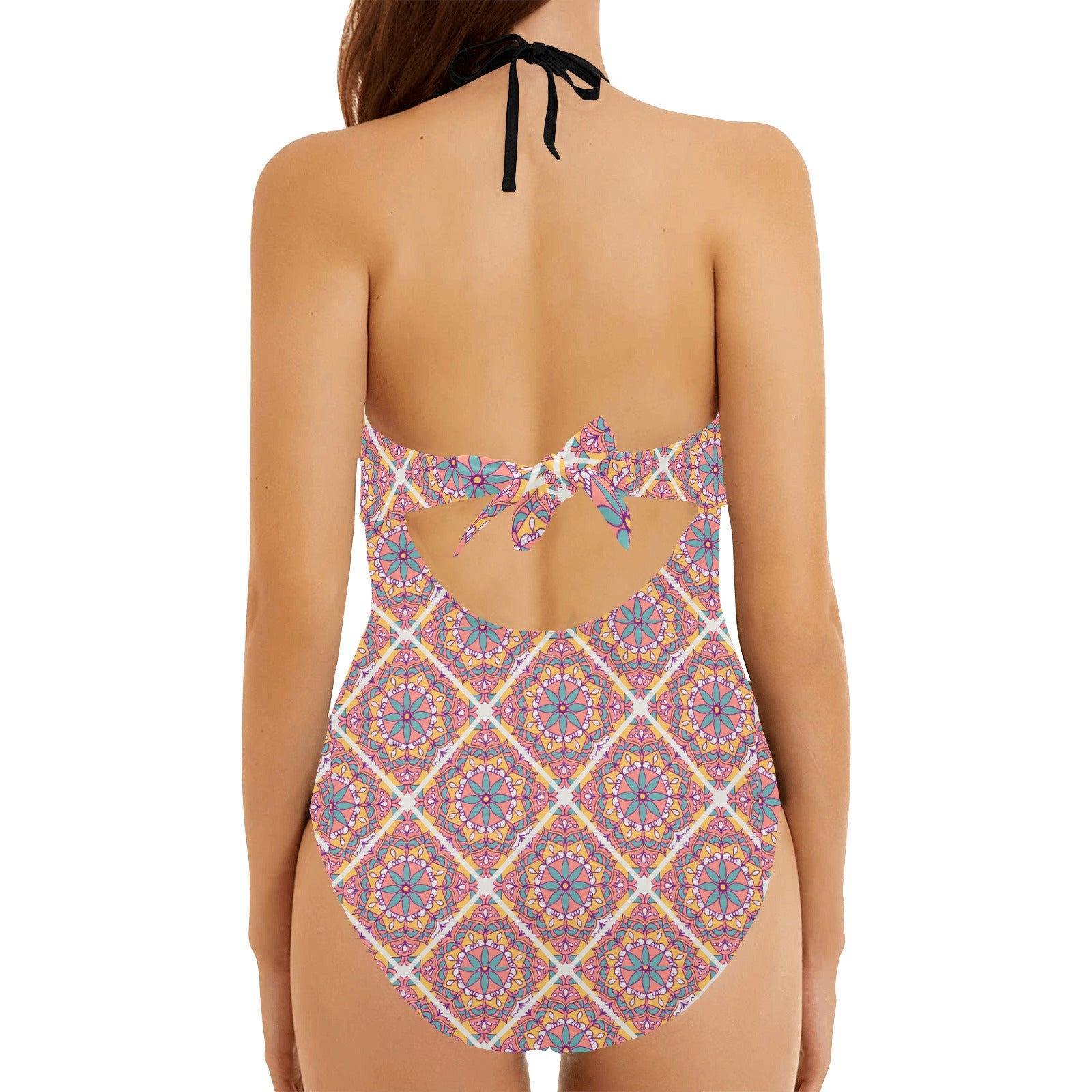 cutout halter one piece swimsuit back view